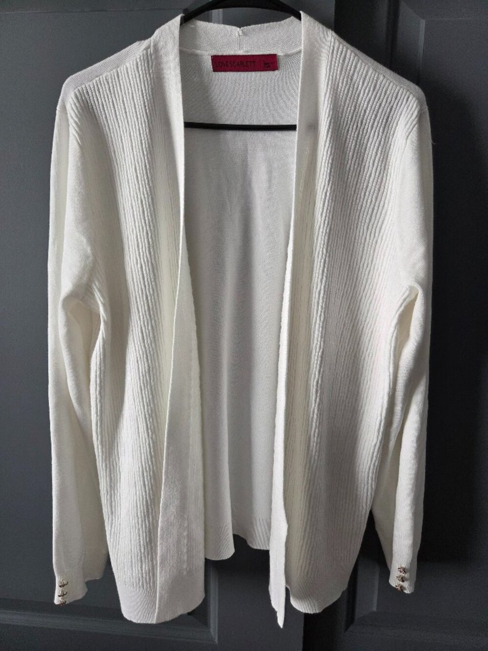 Love Scarlett L White Open Front Cardigan Button Sleeve Soft Knit